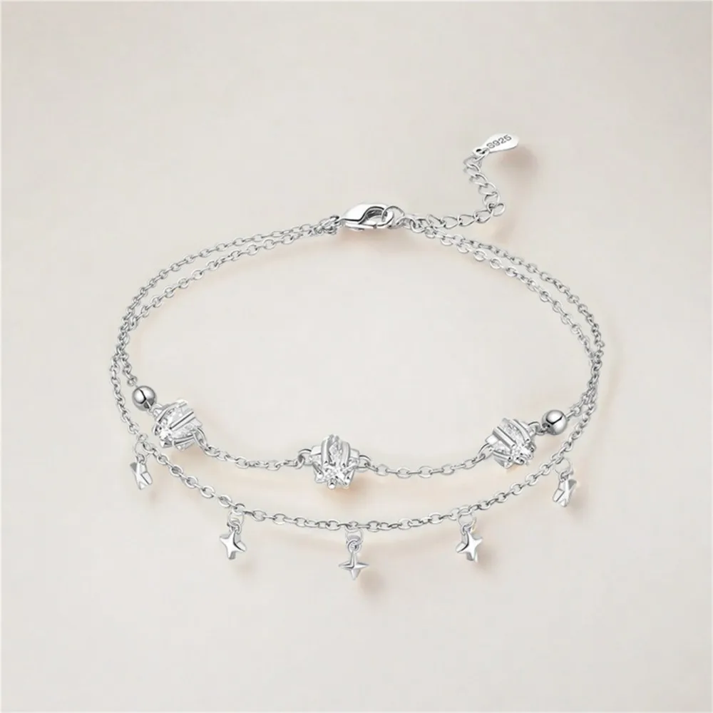 Women's S925 Sterling Silver Double Star Shaped Chain Anklet