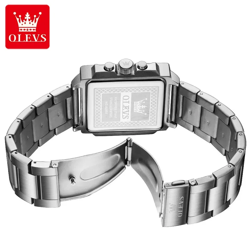 OLEVS 2958 Men's Fashion Quartz Watch Calendar Chronograph Silver Luminous Rectangular Dial Wristwatch 30m Waterproof