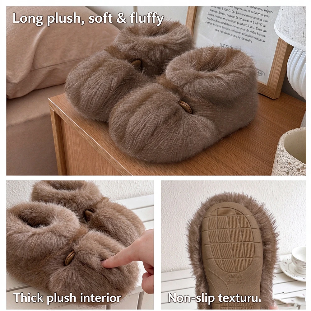 Trendy Long Plush Winter Slippers Woman Warm Faux Fur Ankle House Shoes, Cozy Plush Wrap-around Winter House Slippers