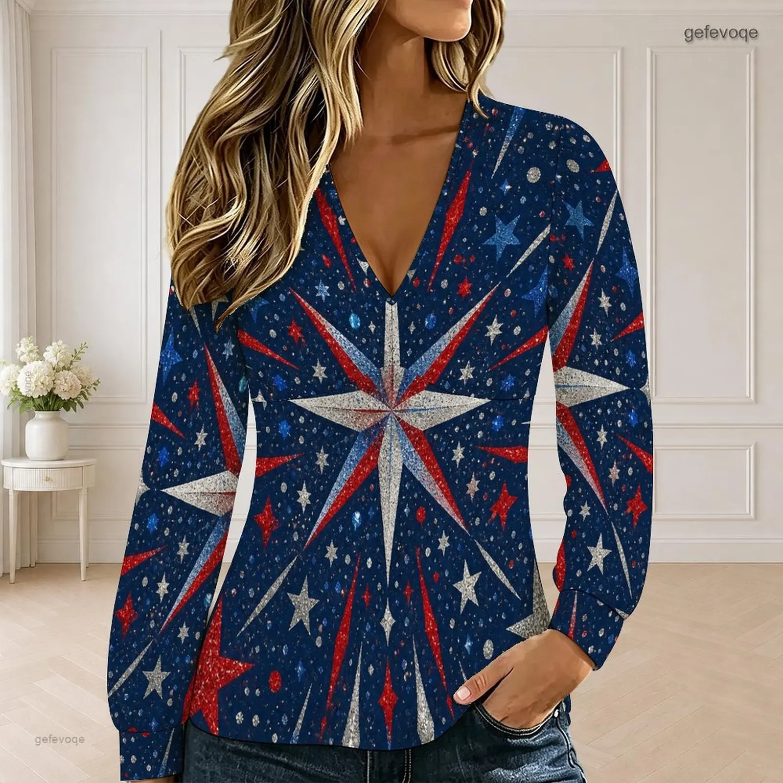 Women Navy Star Meteor Printed V Neck Long Sleeve Fitted Top