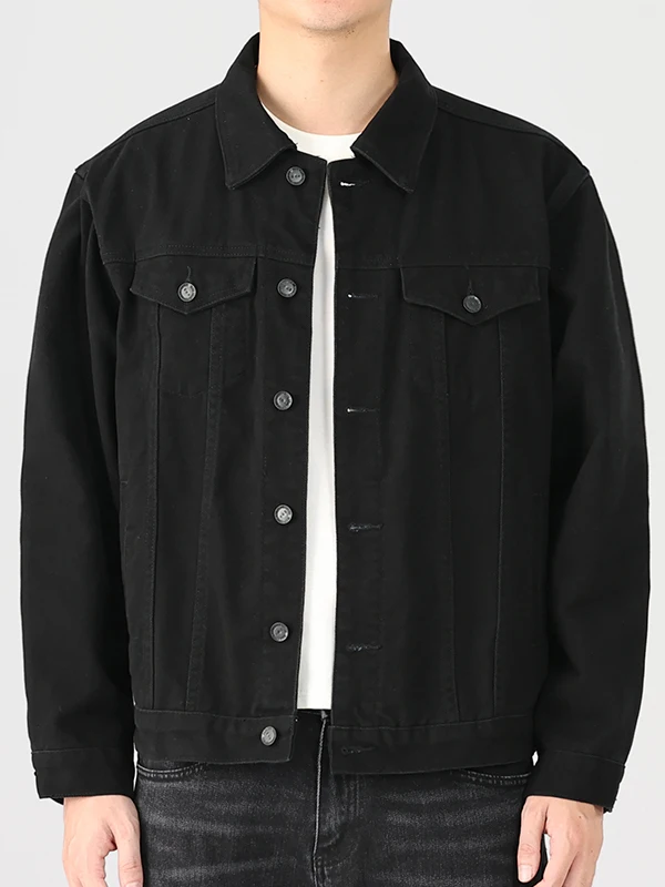 High-End Casual Black Denim Jacket Men's Loose Fit Spring Autumn Workwear Style Classic Long Sleeve Button up Cotton Jacket