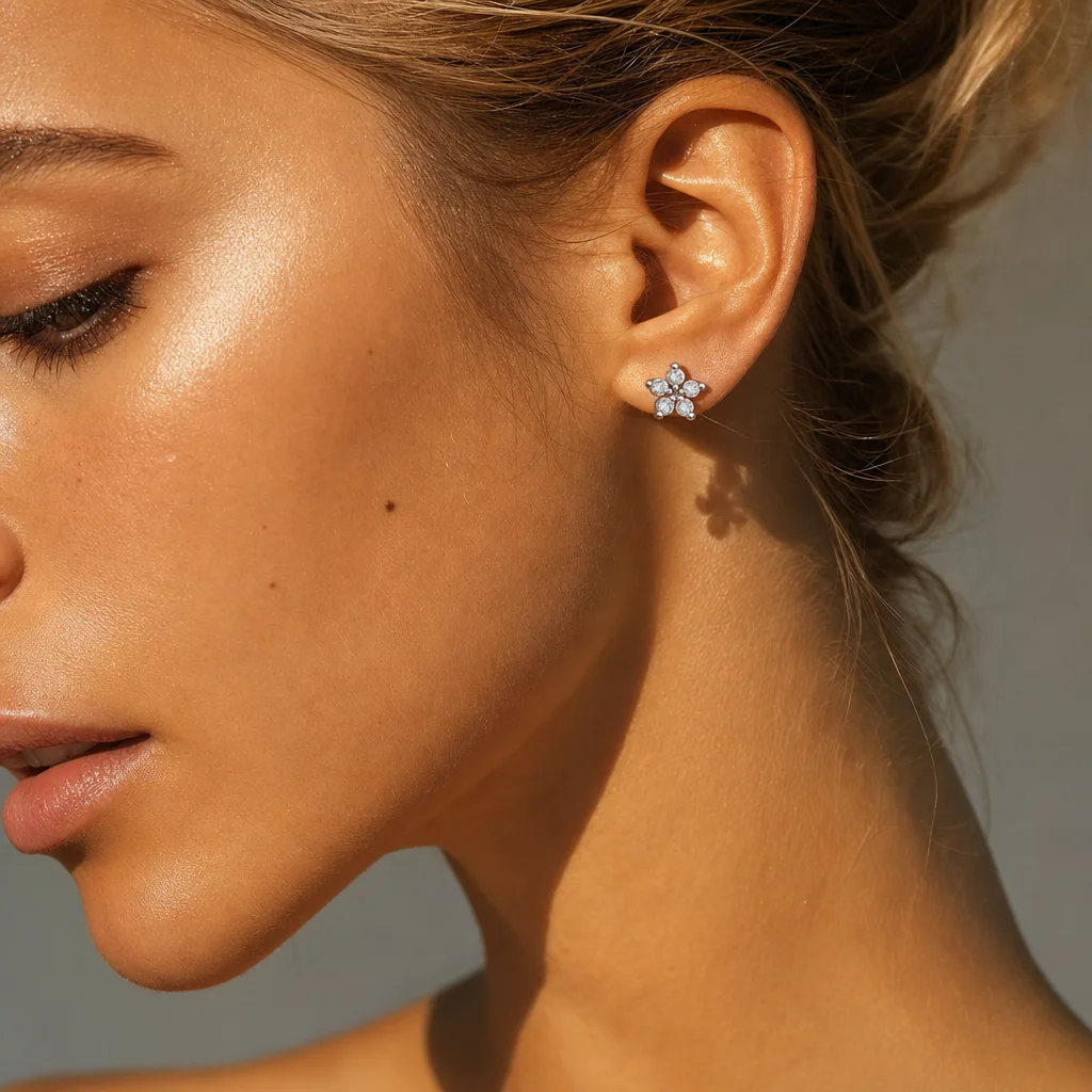 Luxury CZ Zircon Flower Piercing Stud Earrings for Women Fashion Gold Color Stackable Small Earring Trendy Anti Allergic Jewelry