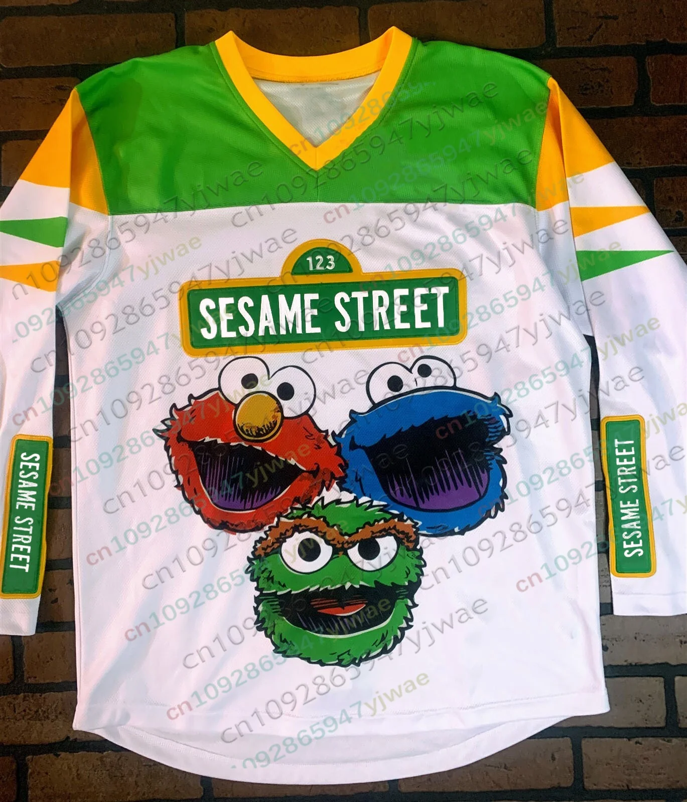 Women's Men's Sesame Street White Black Hockey Jersey Casual Long Sleeve Casual Cookie Monster T-shirt Pullovers