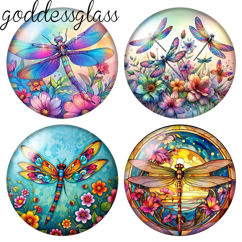 Beauty Dragonfly Drawings Flowers 10pcs 12mm/18mm/20mm/25mm Round Photo Glass Cabochon Flat Back Making Findings Jewelry