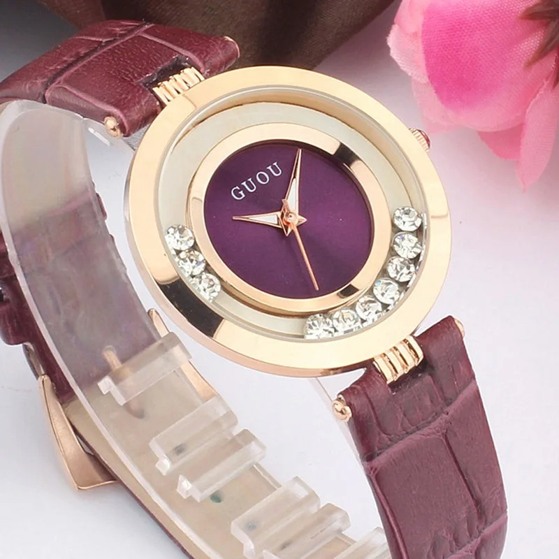 Fashion GUOU Brand Ladies Ultrathin Watches Luxury waterproof Genuine Leather Rhinestone Female Gift Quartz Lady Wristwatches