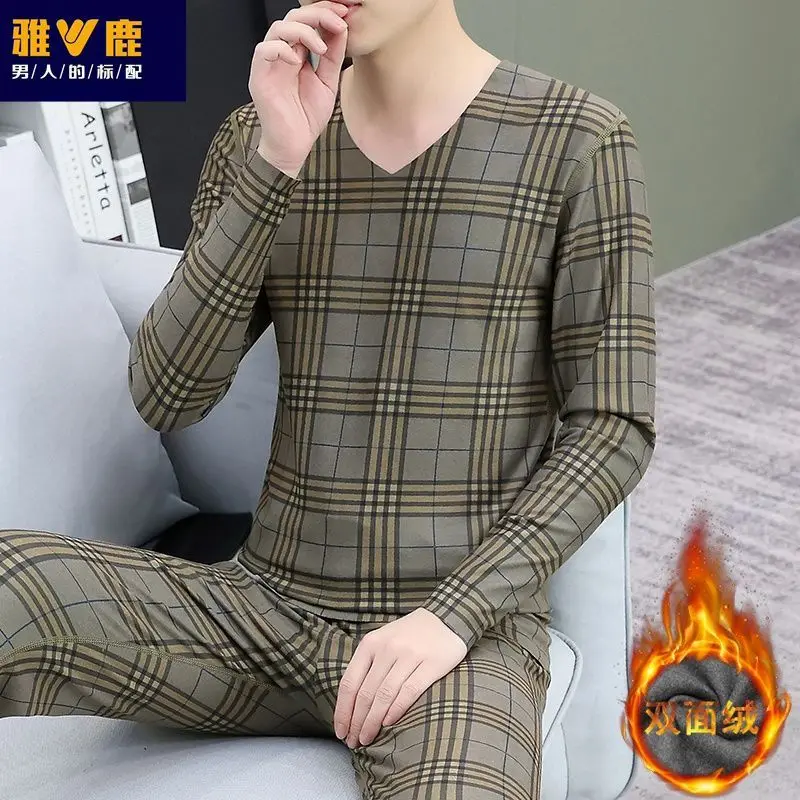 고급 탄력성 독일산 벨벳 브이넥 보온 내의 세트 남성용 롱존스 청소년 벨벳 겨울 잠옷 세트