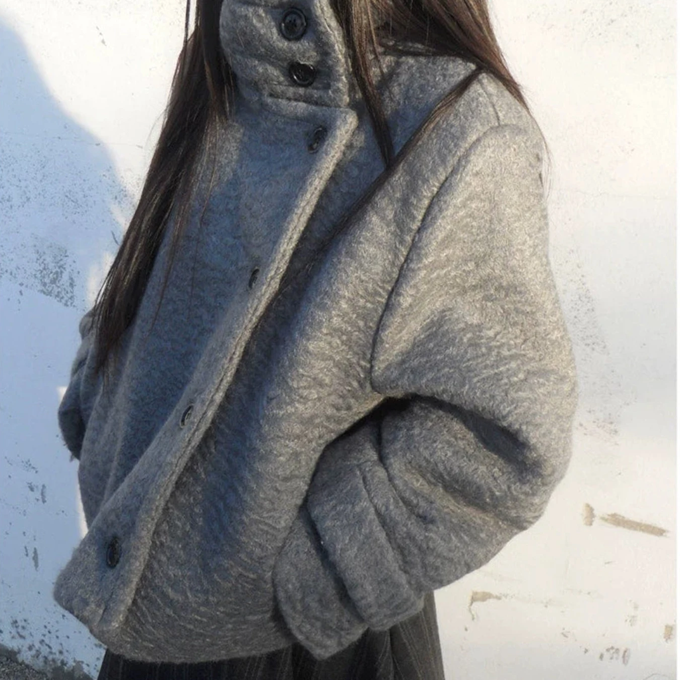Autumn Winter Women Solid Color Stand Collar Loose Jacket Single Breasted Warm Casual Cardigan Coat