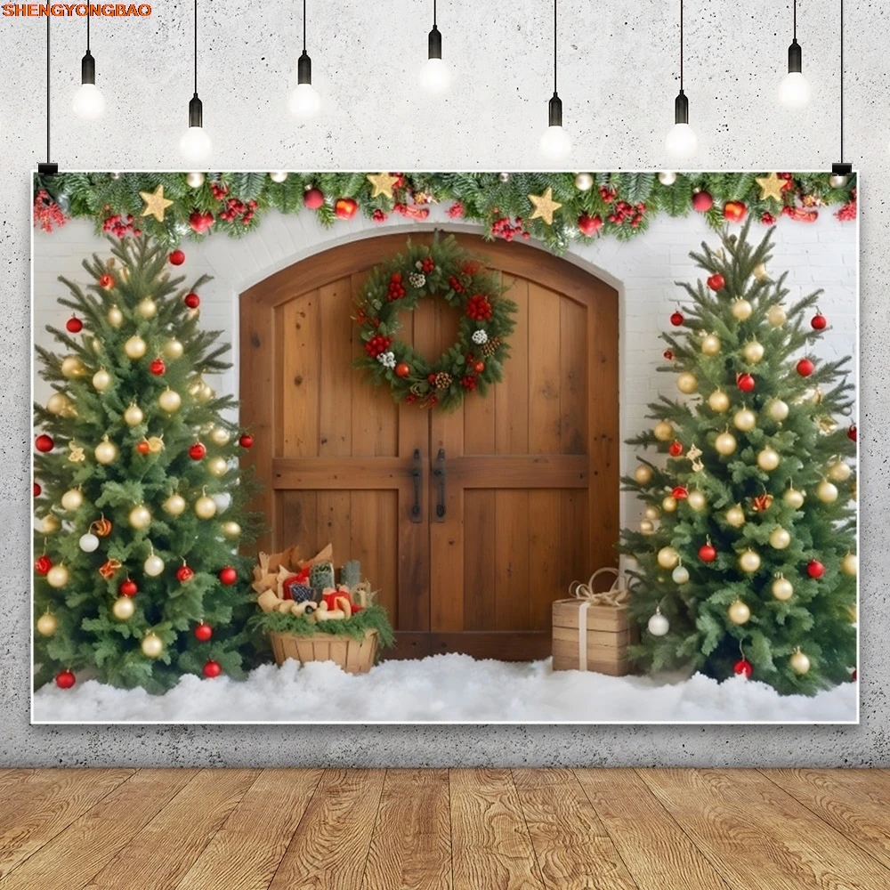 

Christmas Backdrop Rustic Wood Door Xmas Tree Gifts Wreath Holly Leaves Photography Background Decor Banner Photo Studio Props
