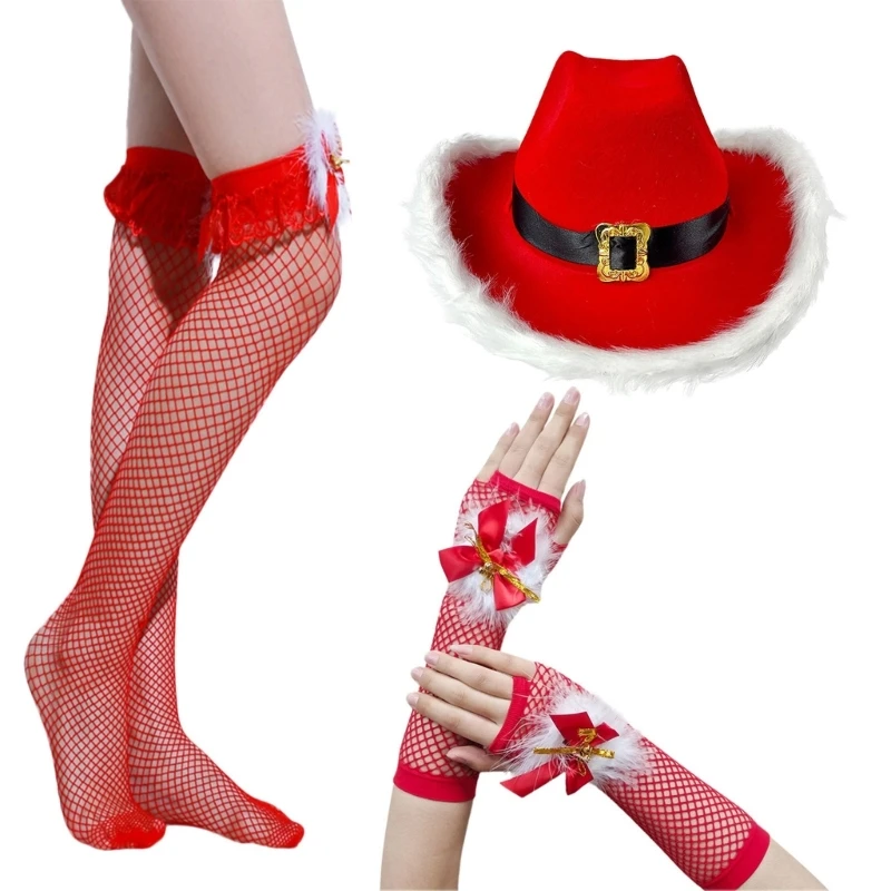 Sexy Cowboy Hat with Mesh Wrist Gloves Stocking Set Photo Props Christmas Cowboy Hat Sexy Mesh Stocking Dropsale