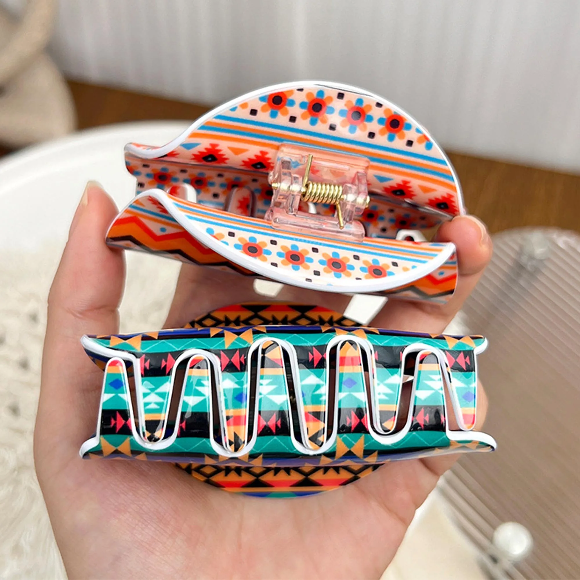 กิ๊บติดผมทรงโบฮีเมียน 2 ชิ้น ลายชนเผ่าแอซเท็ก สำหรับผู้หญิง กิ๊บอะคริลิกแข็งแรง สำหรับผมหนาและผมบาง