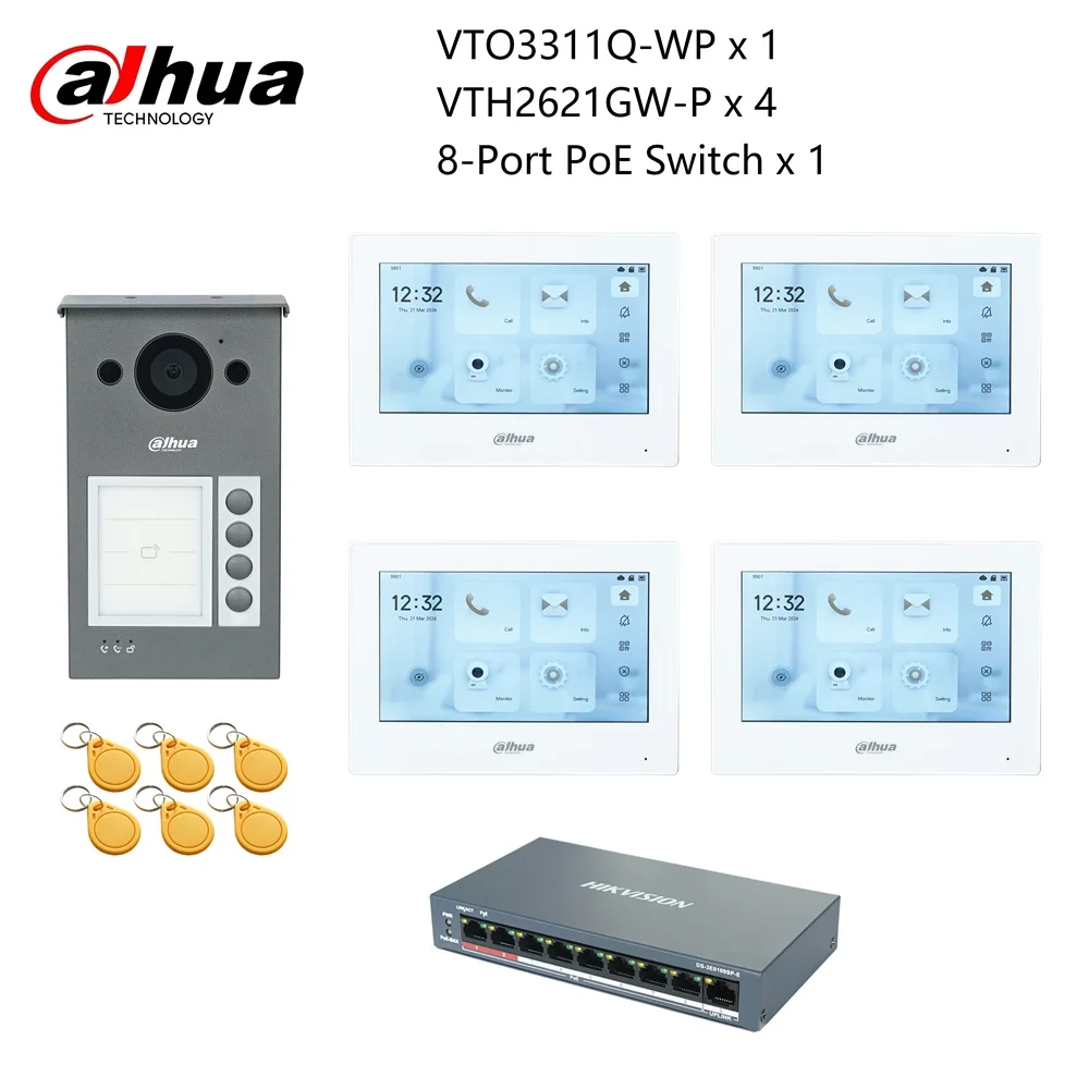 Dahua IP Video Intercom KIT,VTO3311Q-WP & VTH2621GW-P & PoE switch, P2P Cloud, Door bell 1, 2 ,3 ,4 buttons are adjustable