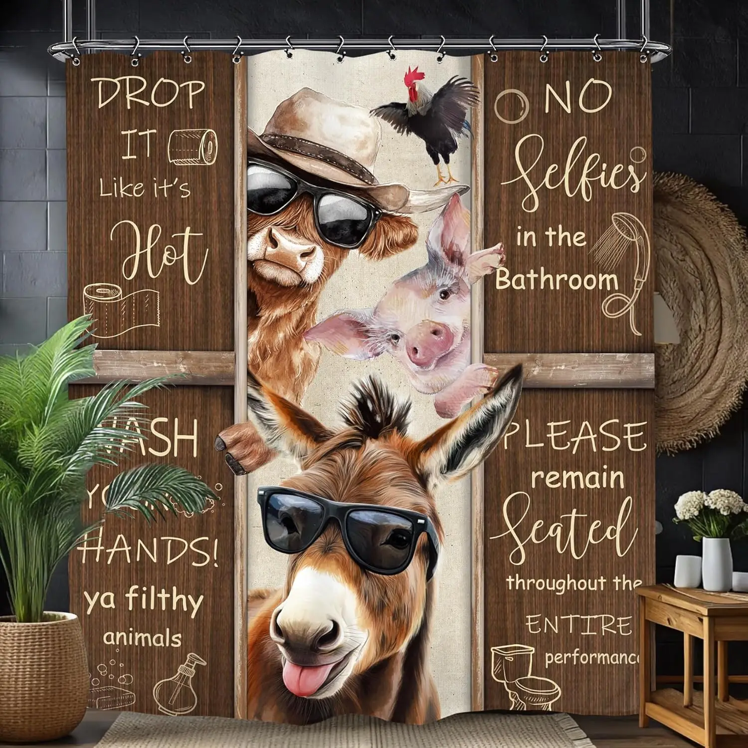 

Занавеска для душа с забавным дизайном сельскохозяйственных животных — ослик, корова и свинья в деревенском коричневом цвете, водонепроницаемый декор для ванной комнаты с крючками