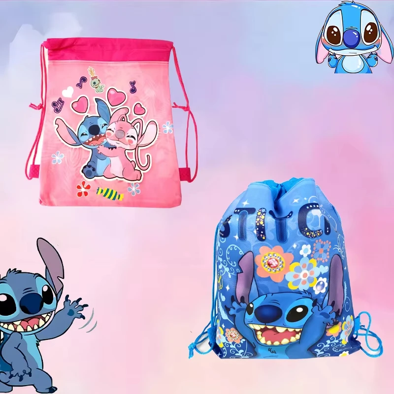 Disney Stitch Drawstring Backpack Cartoon Anime Stitch Angel Drawstring Storage Bag Cute Non-Woven Fabric Backpack Children Gift