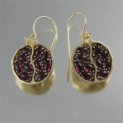 Boho Vintage Gold Color Fruit Pomegranate Drop Earrings for Women Natural Red Garnet Hook Earrings Wedding Band Jewelry Gifts