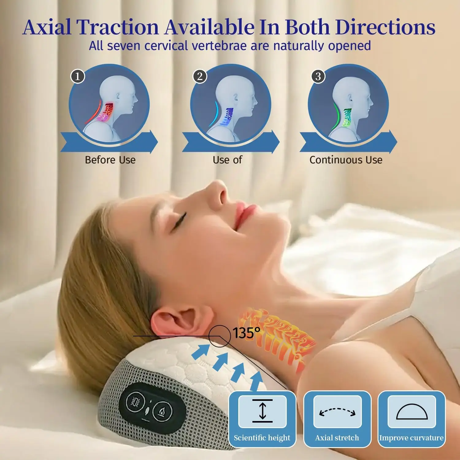 Cervical Neck Pillow for Pain Relief Sleeping Neck Support Memory Foam Cotton Heat Therapy & Vibrating Massage White Neck Cervic