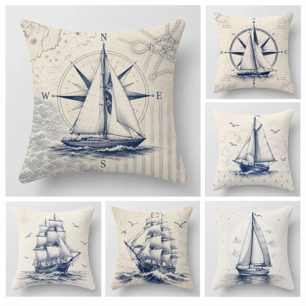 Pattern Sailing Sailboat Cushion Cover Short Plush Pillowcase, Sofa Bedroom Home Decor, Ideal Holiday Gift