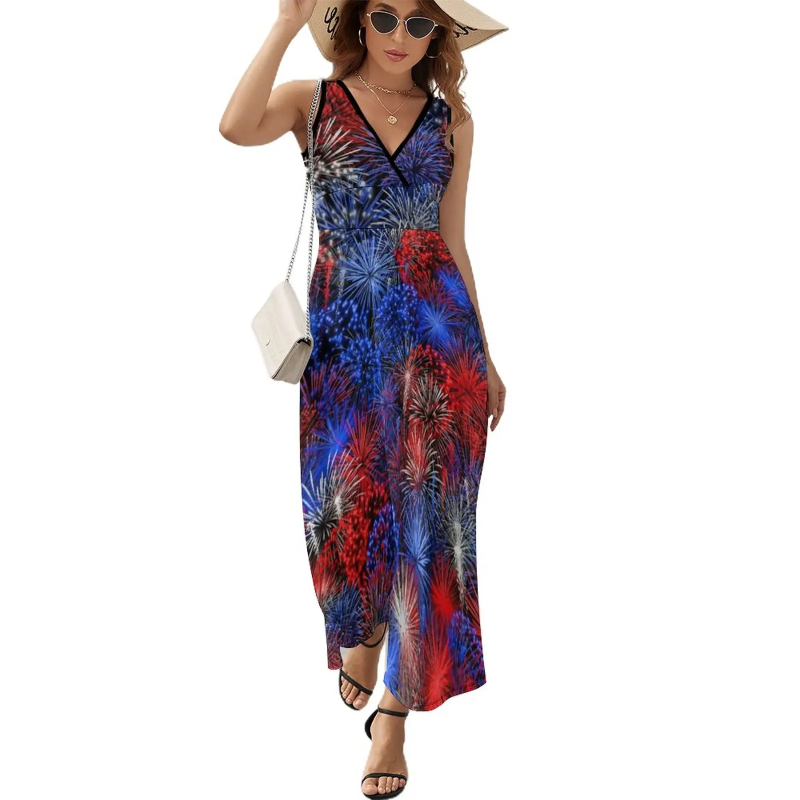 

Red blue white firework Sleeveless Dress beach dress birthday dress for women luxury 2024