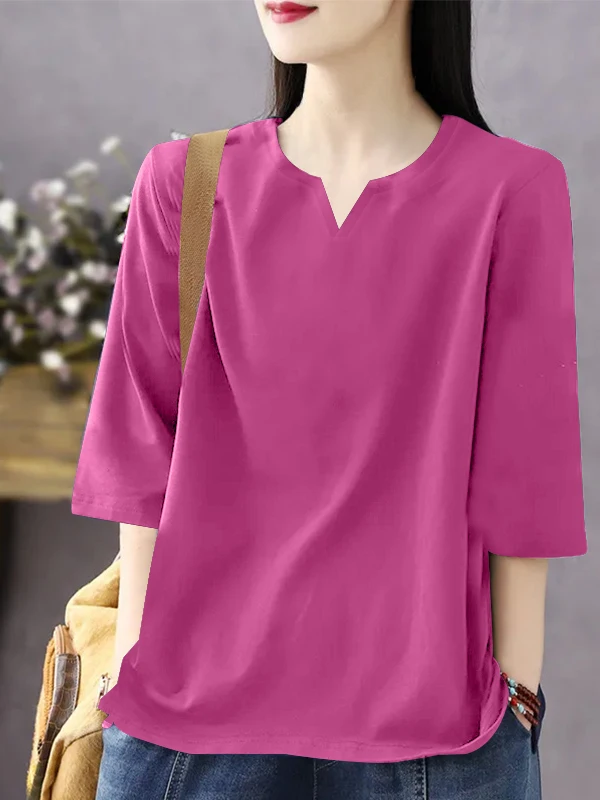 Women's Cotton V-Ne Mid-Sve T-irt Loose Fit Summer New Sle plus Size Slimming Belly Cover Versatile Casual Top
