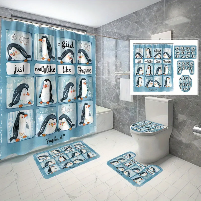 4pcs Penguin Pattern Set, Shower Curtain With 12 Hooks, Non-Slip Bath , U-Shaped , Toilet Mat, Bathr