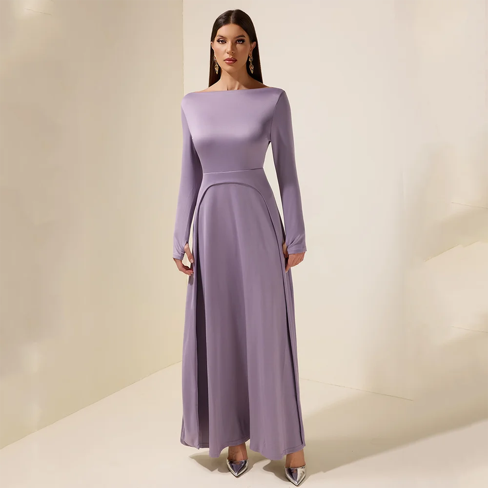 

Simple Evening Dresses Boat Neck Long Sleeves Jersey A-line Evening Gowns Elegant Ankle Length Prom Dresses Customized