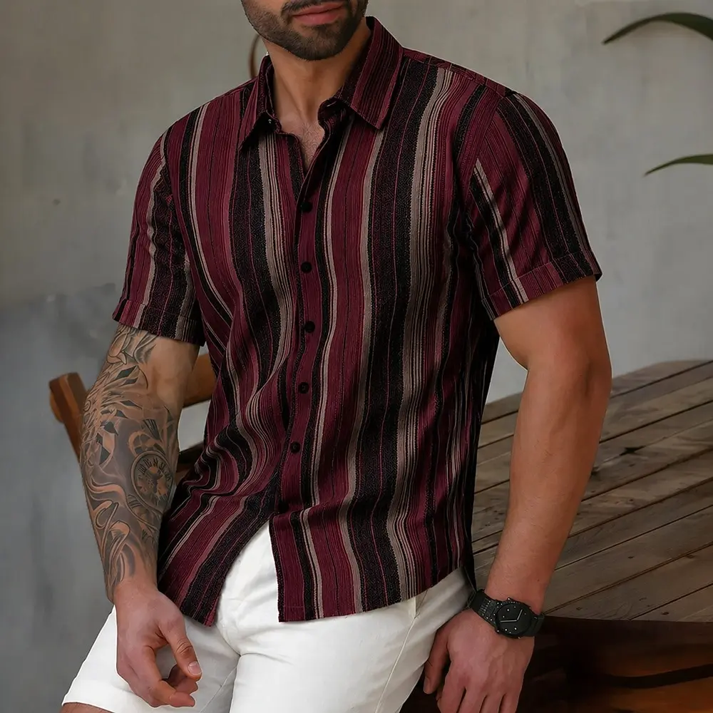 Men's Short Sleeve Turndown Collar Geometric Striped Print Button Up Shirt, Casual Wear For Spring Summer Daily Outdoor