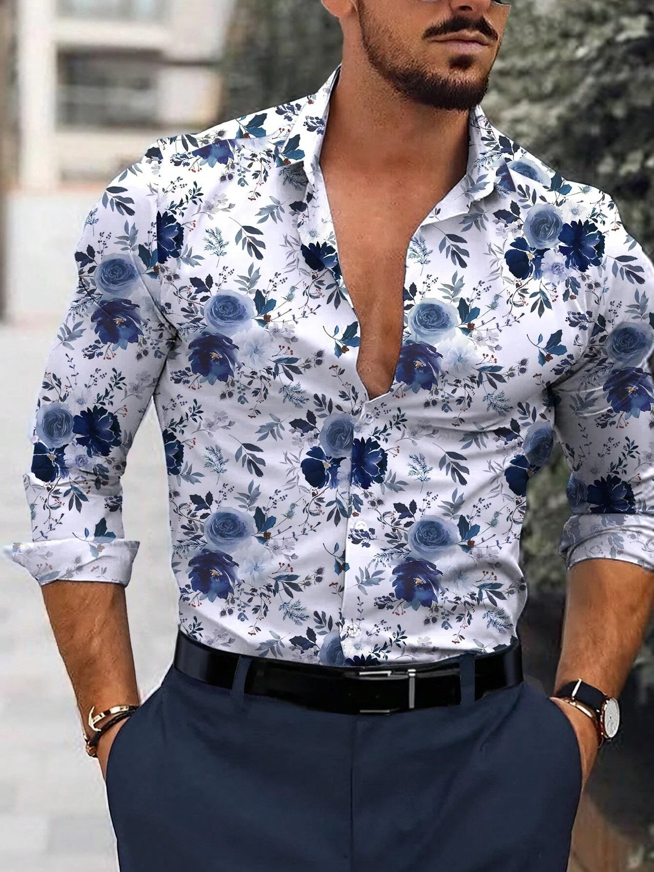 

Casual Single-Breasted Men's Shirt | Floral Print Long Sleeve Top For Everyday Wear​​