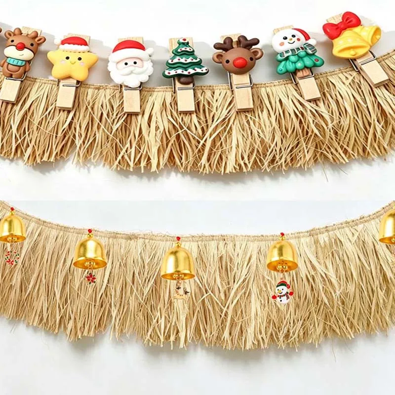 Merry Christmas Natural Raffia Tassel Xmas Ornaments Rustic Wall Hanging Decor for Home Party Farmhouse Christmas Decoration