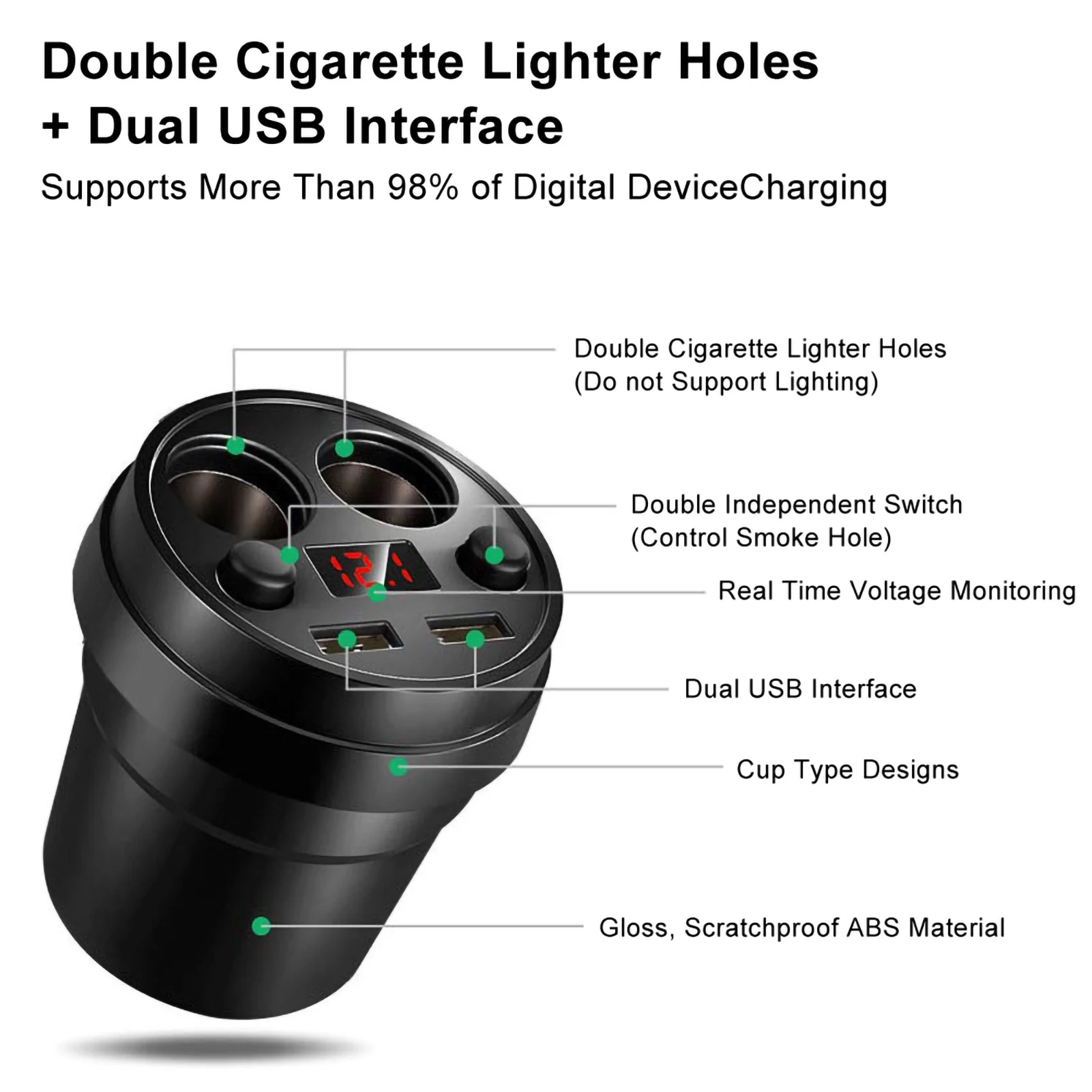 USB Car Charger Multifunction Cup Holder Car Charger One Drag Two Independent Switch Double Cigarette Lighter Hole Dual USB Port