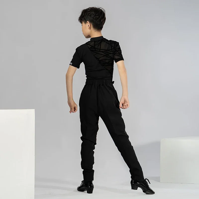 Nuovi bambini Ragazzo Costumi di danza latina Bambini Manica lunga Collo alto Top Sala da ballo Cha Cha Abiti da allenamento per la danza Camicia nera XH1831