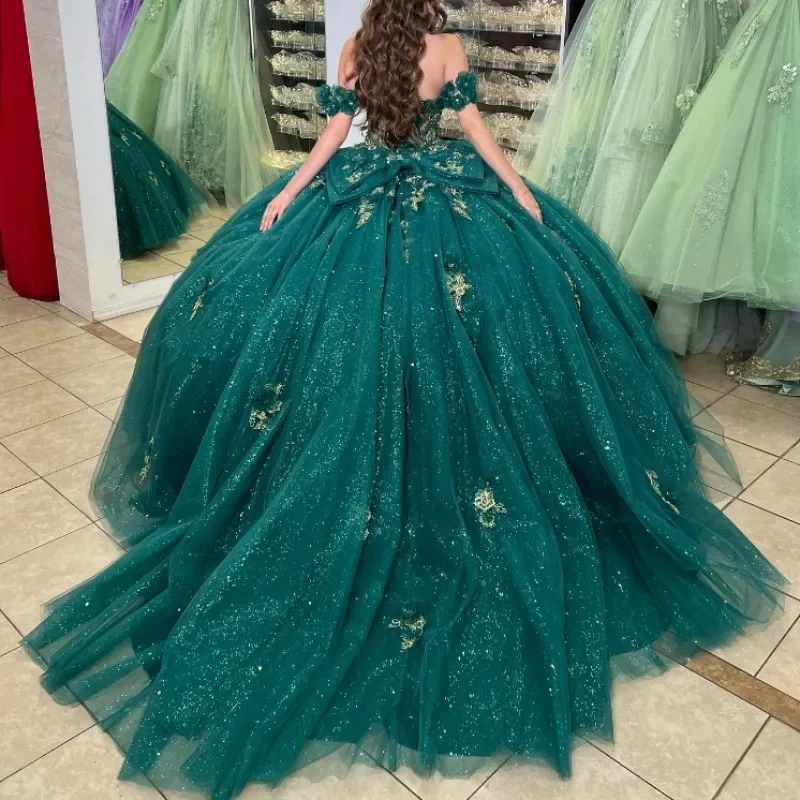 Blackish Green V-Neck vestido de princesas Appliques Off Shoulder Princess Quinceanera Dress Sweet 16 Vestidos De 15 Customized