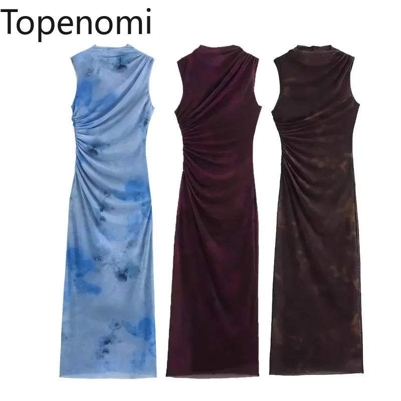 Topenomi Printed Mesh Folds Long Dress Women Sexy Sleeveless Slim Hip Evening Party Dresses Elegant Fashion Vestidos De Mujer