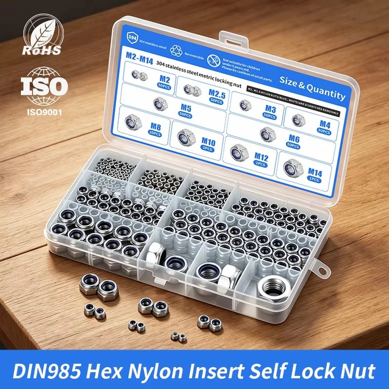 XLGYLPRO 304 Stainless Steel DIN985 Nylon Lock Nut Set M2-M14 Hex Self-Locking Nut Combo Box
