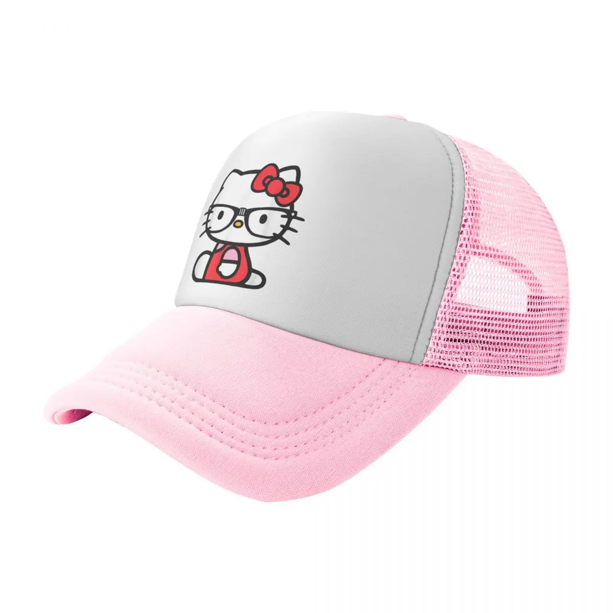 Men Women Hello Kitty Nerd Glasses Trucker Cap Outdoor Mesh Baseball Caps Polyester Hat Trucker Hat Adjustable Racing Cap Summer