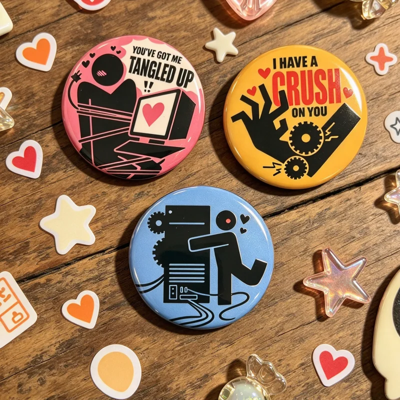 Objectum RoBot Lover 3Pcs 58mm Button Pin Set, Romantic Stick‑Figure Tinplate Brooches, Cosplay Costume Accessories