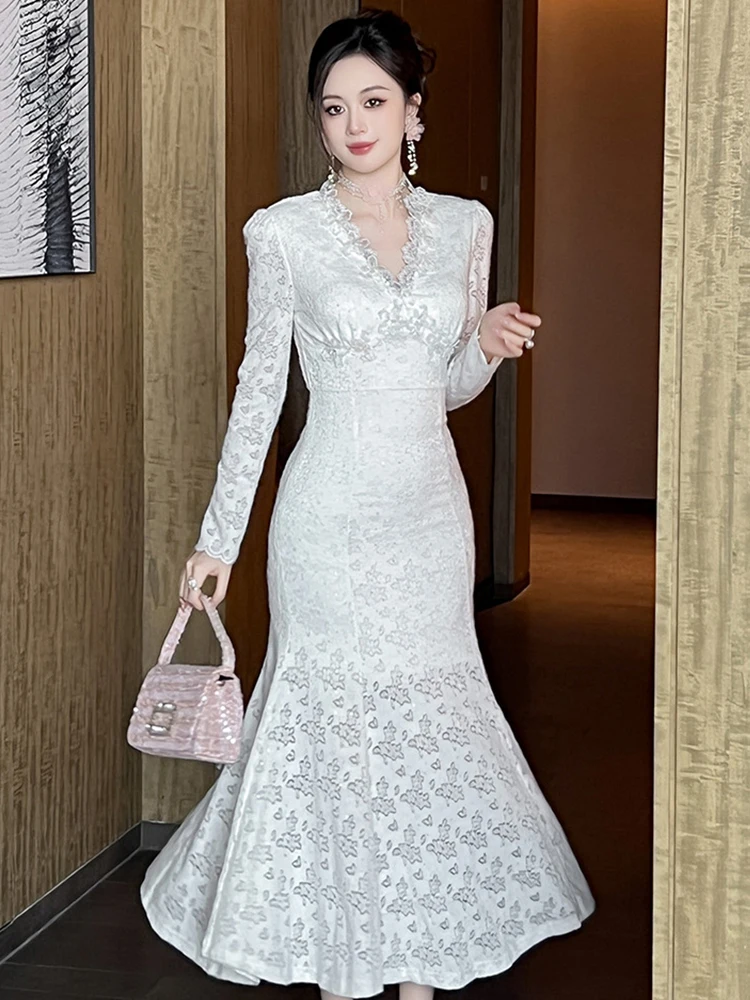 여성의 부드러운 우아한 긴 드레스 여성을위한 달콤한 연예인 화이트 다이아몬드 쉬어 레이스 Fishtail 가운 여성 파티 연회 Vestidos