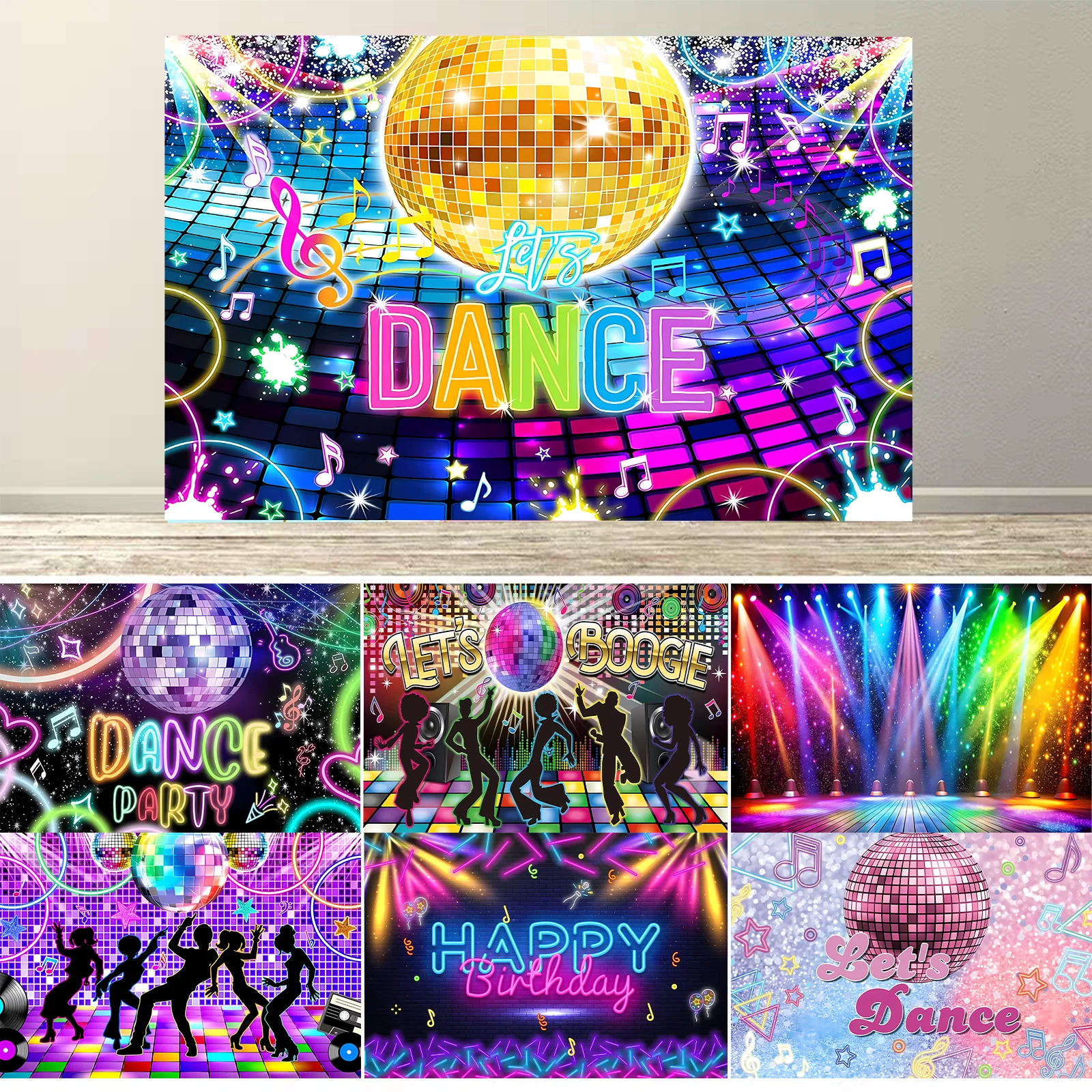 

Shiny Disco Party Backdrop Vintage Ball Stage Night Club Neon Music Theme Photography Background Birthday Decoration Banner Prop