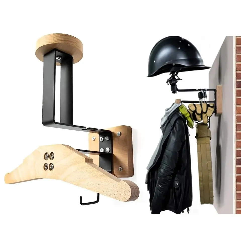 Wooden Motorcycle Helmet Cap Hanger Stainless Steel Wall Mount Suitable for Storing Tactical Clothing and Motorcycle Accessories