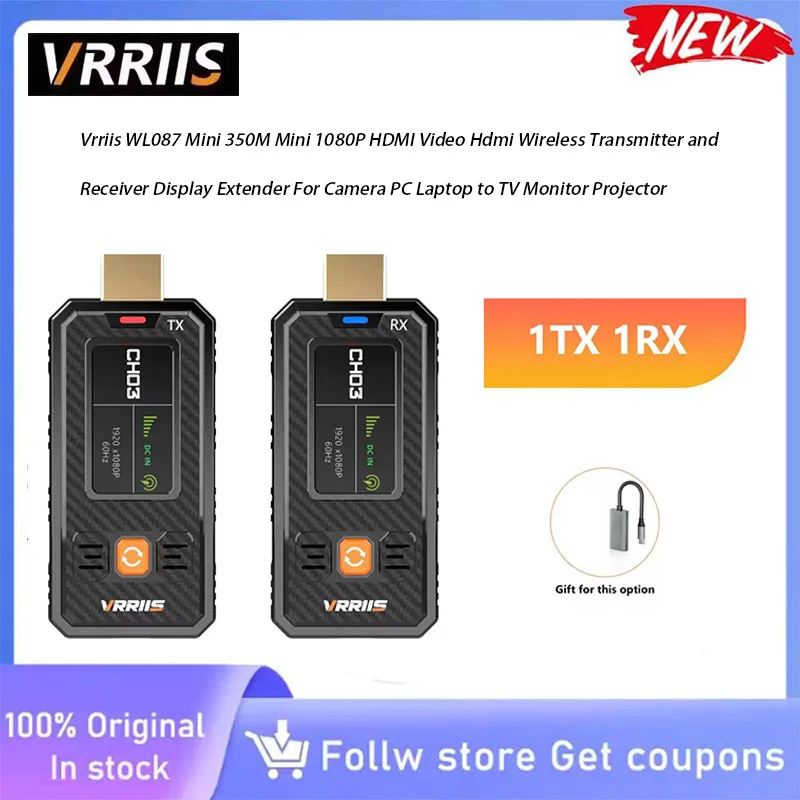 VRRIIS WL087 Mini Wireless HDMI Sender Receiver, OLED Screen Channel Indicator, H.265 Encoding, 350‑Meter Transmission