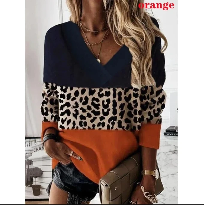 Spring New Pattern Women T-Shirt Loose Casual Long Sleeve Leopard Print Floral Print V Neck Spring And Autumn Tops Blouses