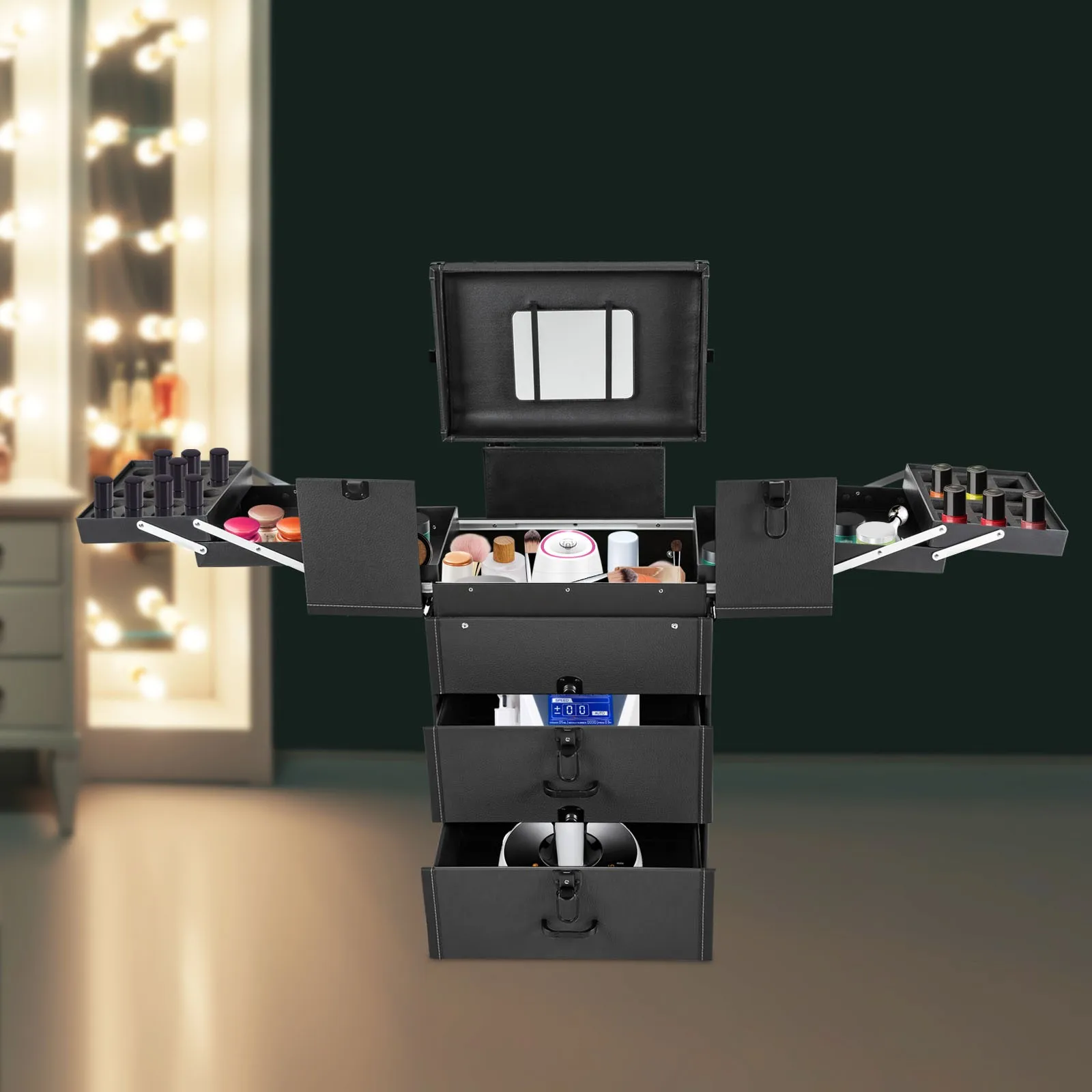 

Professional Tattoo Permanent Makeup Rolling Toolbox with Universal Wheels, Black for Beauty Salon Artist