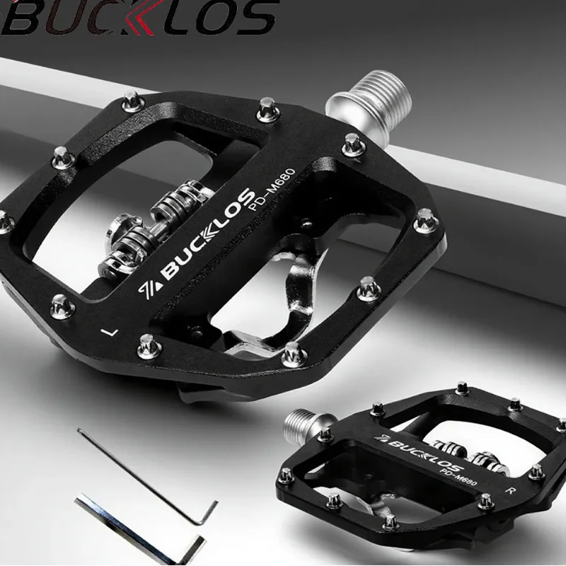 bucklos-pd-m680-自転車ペダル-ベアリング-9-16インチ-クリップレスペダル-フラット＆ロックペダル-アルミ製-マウンテンバイクペダル-シマノspd対応