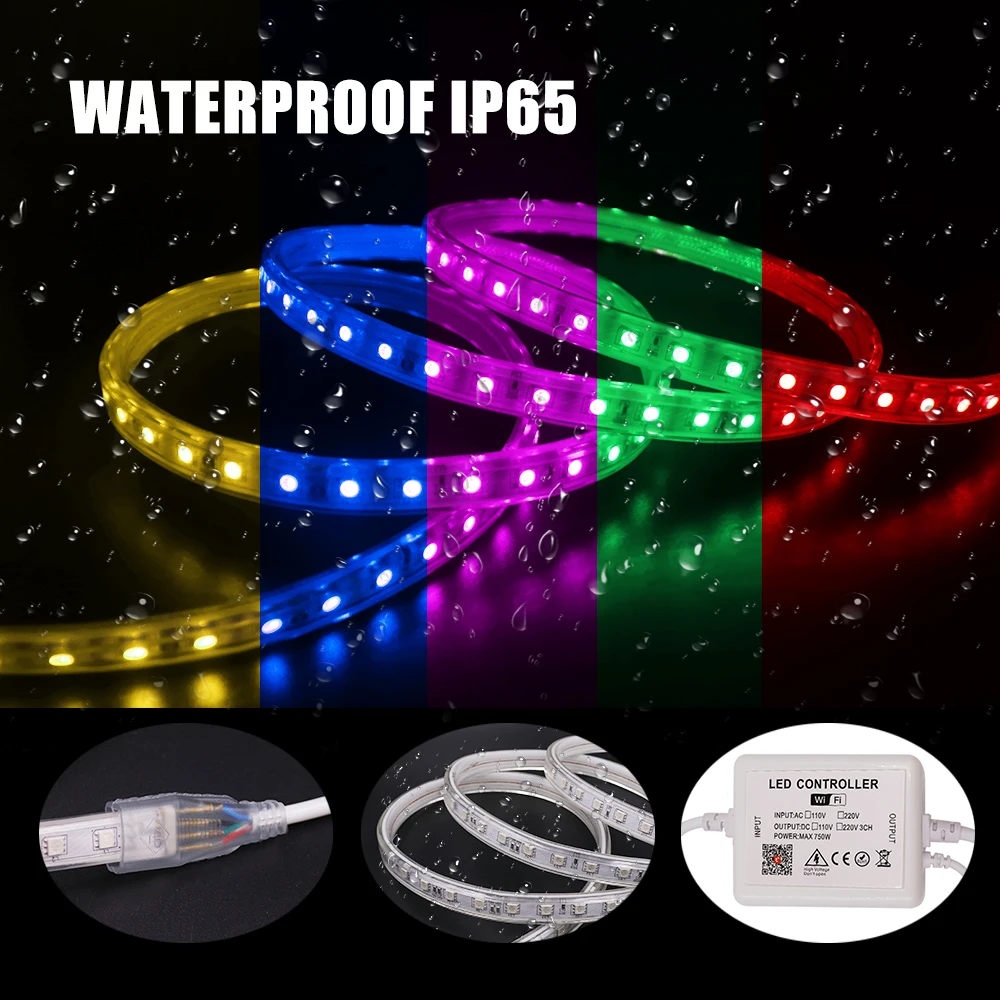 RGB LED Strip Light AC220V SMD5050 Flexible Waterproof LED Tape 60LEDs/m WiFi Bluetooth Control Ribbon for Home Holiday Decor EU