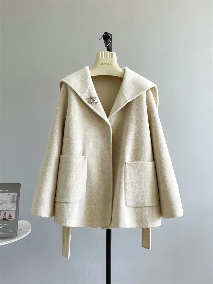 2026 Autumn Winter Double Face Wool Coat Women Hooded Wrap Two Tone Contrast Luxury Woolen Belted Elegant Ladies Outerwear