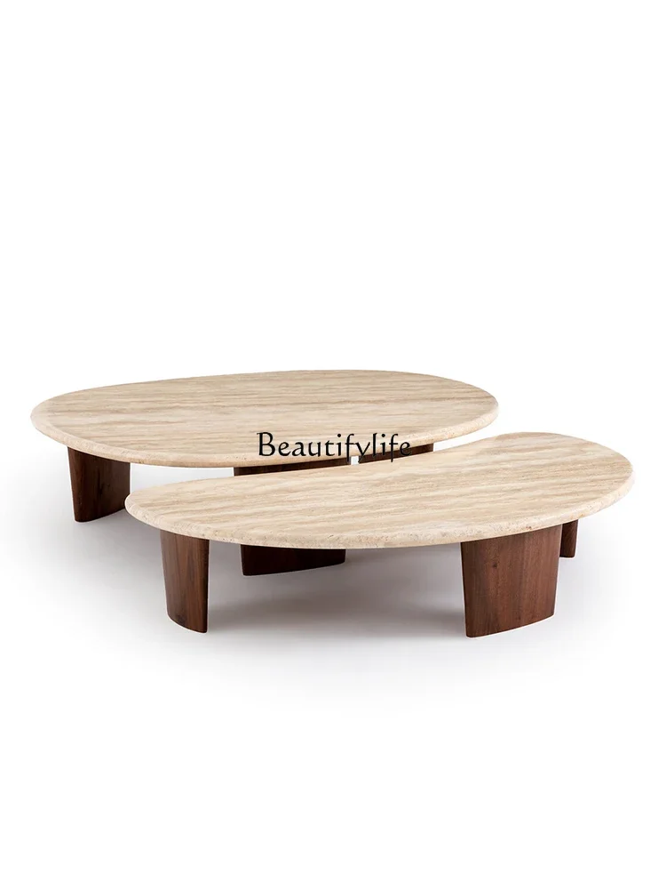 Nordic natural travertine special-shaped coffee table combination marble solid wood coffee table