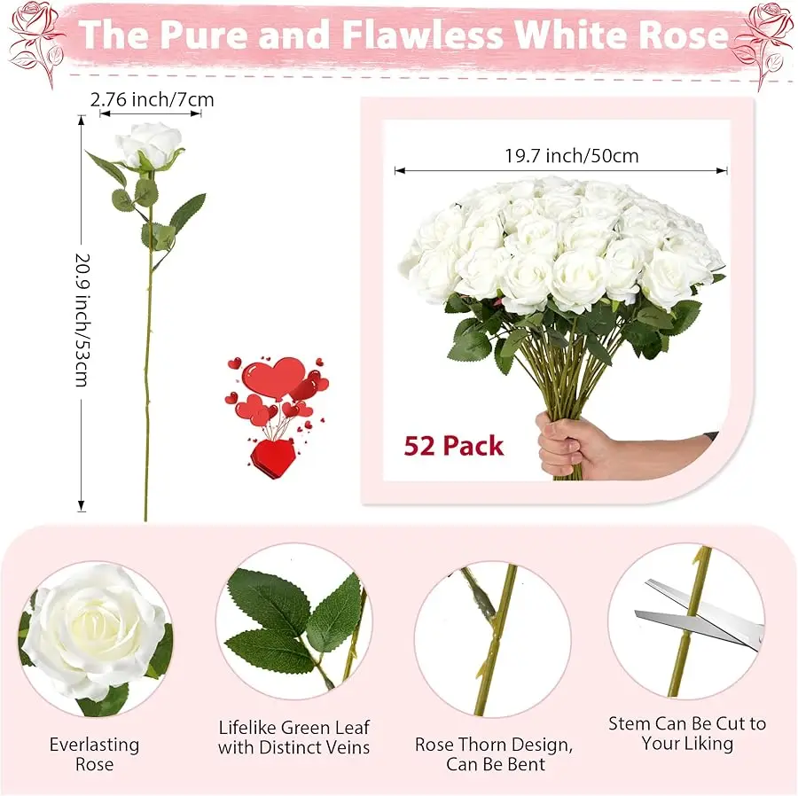 Roses blanches fleurs artificielles en vrac, 52 pièces d'arrangement floral de fausses roses, Bouquet de roses de fleurs en soie bricolage, fausse artificielle réaliste