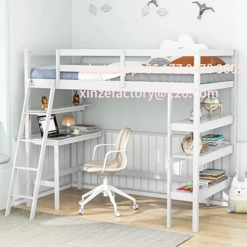 

Customizable Twin Loft Bed with Desk & Storage Shelves, Wood Loft Bed Frame with Bookcase,Ladder,Guardrail,No Box Spring Needed