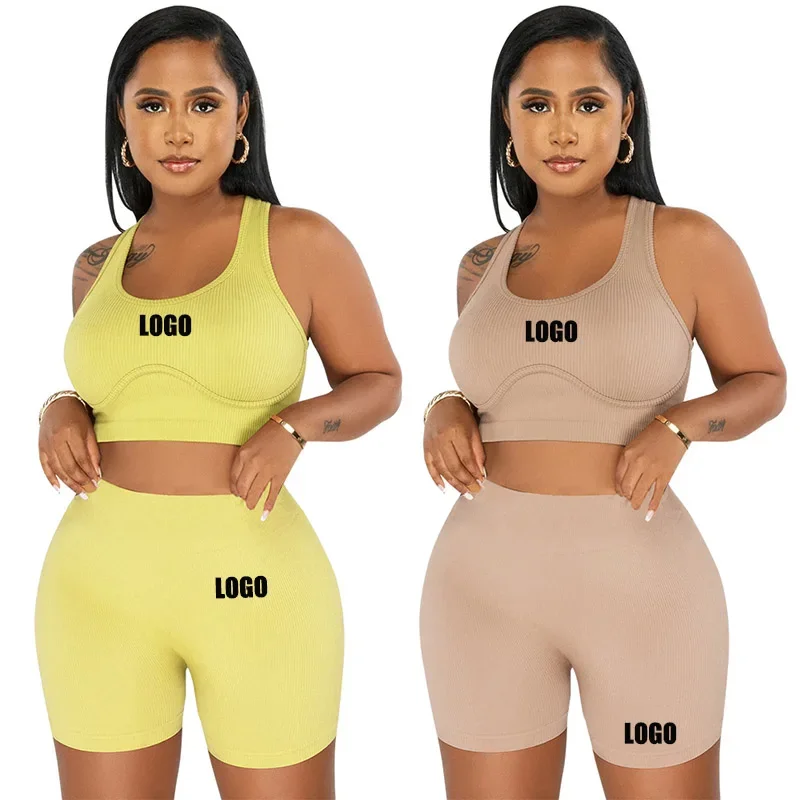 

Customized LOGO women's clothing new threaded fashion two-piece vest shorts sports cycling elastic suit