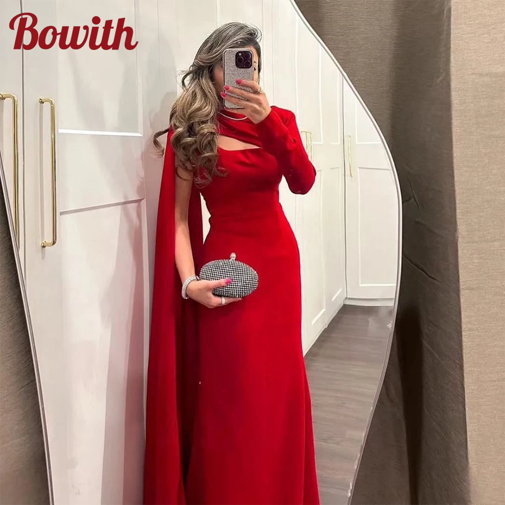 

Bowith Red Elegant Evening Dresses for Women Square Collar One Shoulder Long Sleeves Prom Party Gown Customized Formal Gown