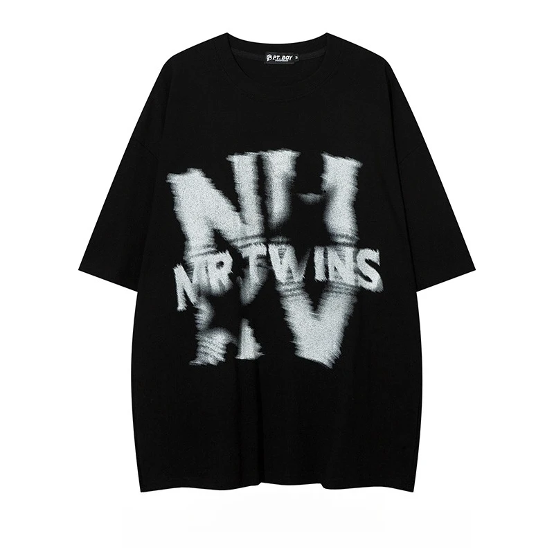 

Motorcycle Printed Letters Short-Sleeved Men's and Women's Loose Style Summer New Trendy Hip-Hop Style