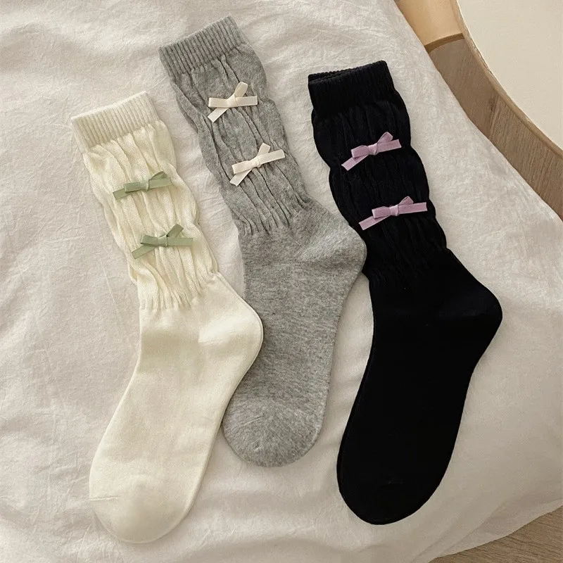 1/3 Pairs Spring/Summer Fashion New Lolita Sweet Girl Middle Socks Bow Ballet Style Solid Color Simple Women's Middle Socks